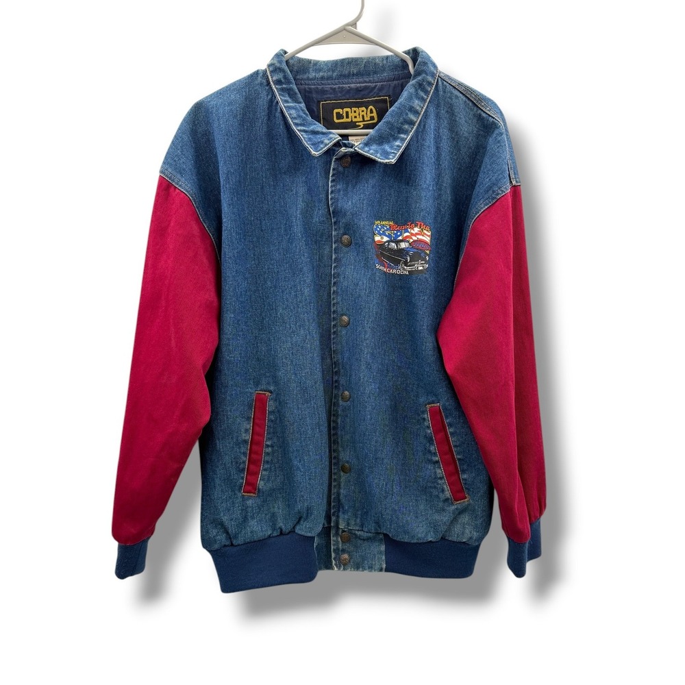 Cobra Varsity Jacket Mens Large Blue Red Denim 2002‎ Run To The Sun Car Show Y2K